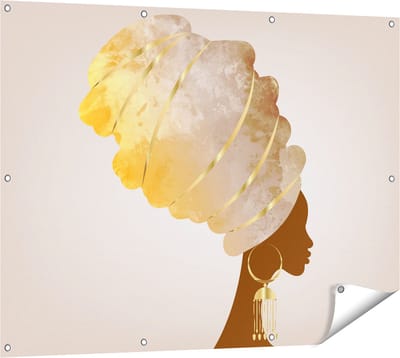 Gards Tuinposter Afrikaanse Vrouw met Gouden Tulband - 120x90 cm - Tuindoek - Tuindecoratie - Wanddecoratie buiten - Tuinschilderij