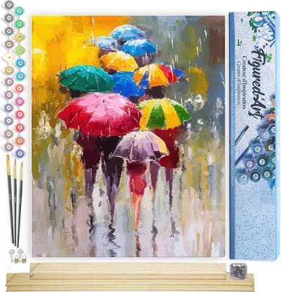 Figured'Art Schilderen op Nummer Volwassenen canvas Paraplu's - Handwerk acrylverf Kit DIY Compleet - 40x50cm met DIY houten lijst