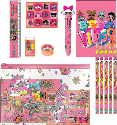 Compleet schoolschrijfwarenpakket met LOL Surprise decor, kleurpotloden, viltstiften en accessoires, meisjes etui 22x14x0,5 cm
