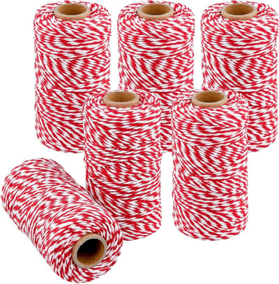 6 Rollen Katoen Touw 100m/328ft, 2mm Rood en Wit Verpakkingstouw voor Trussen, Bakken en Keuken Gebruik