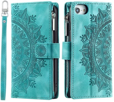 Telefoonhoesje geschikt voor iphone 17e / iphone 16e - Portemonnee met rits - book-case hoesje - ruimte voor 7 pasjes - mandala bloemen mint groen