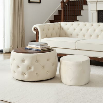 OKWISH Poefenset Met Opbergruimte – 2 Delig Nestbaar – Fluweel Beige – Bijzettafel En Voetenbank – 58 x 58 x 38 cm