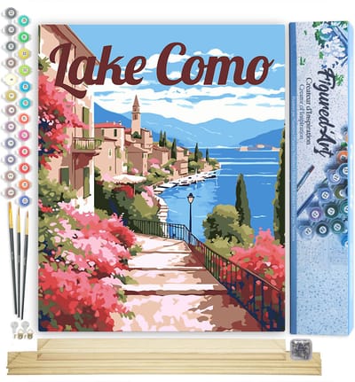 Figured'Art Schilderen op Nummer Volwassenen canvas Reisposter Meer van Como in Bloei - Handwerk acrylverf Kit DIY Compleet - 40x50cm met DIY houten lijst