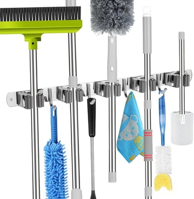 JeiibrZui 5 Klauwen 4 Hangers Bezemhouder voor Aan de Muur, Ruimtebesparend Ontwerp met Dweilen Bezemhouder, Bezemen Dweilorganizer voor Garage en Wasruimte