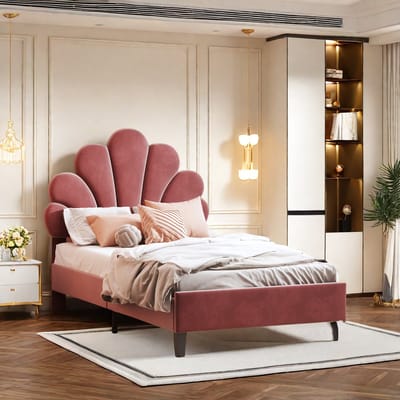Gestoffeerd bed met bloemvormig hoofdbord en lattenbodem - 90x200 cm, eenpersoonsbed in Velet-stof voor kinderen, zonder matras