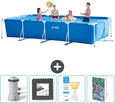 Intex Rechthoekig Frame Zwembad - 450 x 220 x 84 cm - Blauw - Inclusief Zwembadfilterpomp - Vloertegels - Testrips - Zwembadgids