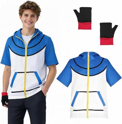 Cosplay Kostuum Set met Lichtblauwe en Witte Hoodie, Handschoenen van Ademend Polyester voor Volwassenen, Ideaal voor Conventies, Carnaval en Themapartijen