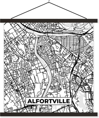 Posterhanger incl. Poster 60x60 cm - Schoolplaat - Stadskaart - Plattegrond - Kaart - Alfortville - Frankrijk - Zwart wit - Textielposter - Zwarte latten - Stadskaart