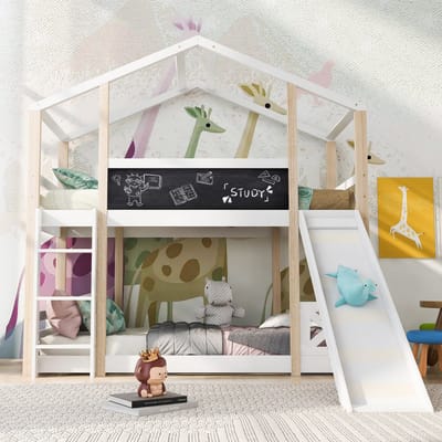 Kinderboomhutbed met glijbaan en ladder 90 x 200 cm, hoogslaper voor kinderen – 2x lattenbodem – naturel en wit