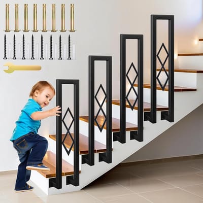 Trap Leuning - U-Vormige Balustrade - Veilige Trappen - Diamant Patroon - 90cm Lengte - Zwart