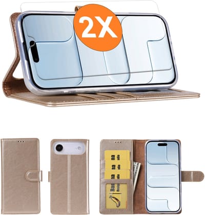 Hoesje geschikt voor iPhone Air hoesje Goud pasjeshouder telefoon hoes - Met screenprotector tempered glass voor iPhone Air - 2x