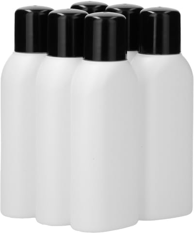 6 x 100 ml Platte fles HDPE wit + Schroefdop zwart - BPA Vrij - Niet Breekbaar - Plastic Flesjes Navulbaar - Met Dop - Lege Flessen - 6 stuks