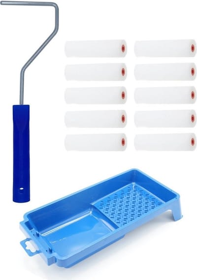 10x verfrollers / schuimrollers fijn inclusief rollerbeugel en verfbakje - 10 cm - geschikt voor diverse soorten verf - schilderbenodigdheden