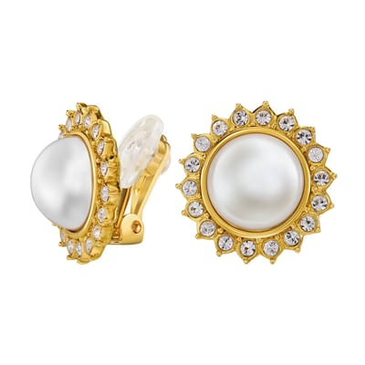 Traveller Clip Oorbellen - Oorclips Dames - 22kt Verguld - Parel - Ø 12 mm - Wit - Kristallen - Zon - Ø 20mm - 114335