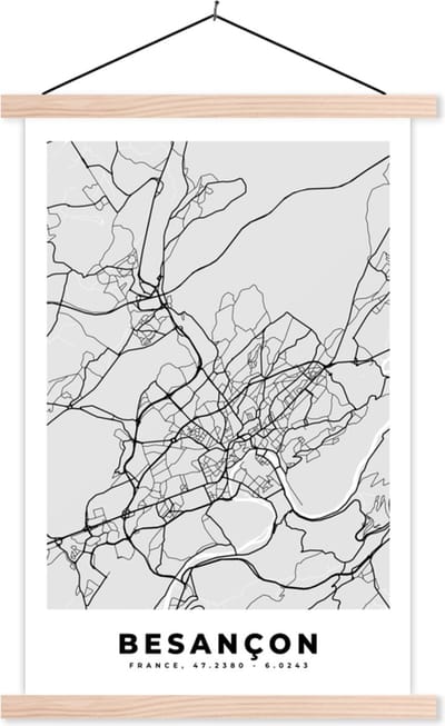 Posterhanger incl. Poster 40x60 cm - Schoolplaat - Plattegrond - Kaart - Stadskaart - Frankrijk - Besançon - Textielposter - Blanke latten - Stadskaart