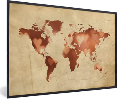 Poster in lijst - Fotolijst 90x60 cm - Posters - Wereldkaart - Marmer - Hart - Posterlijst zwart - Decoratie - Wanddecoratie woonkamer - Muurdecoratie slaapkamer