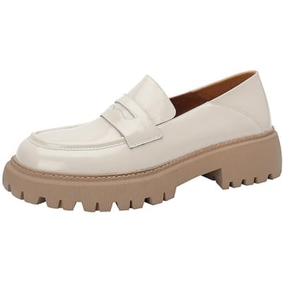Nouveau Chaussures Femme Décontractées Mocassins Slip-On Chaussures en Cuir de Haute Qualité Femme Chaussures à Plateforme Confortables Bout Rond Ballerines 39 blanc cassé