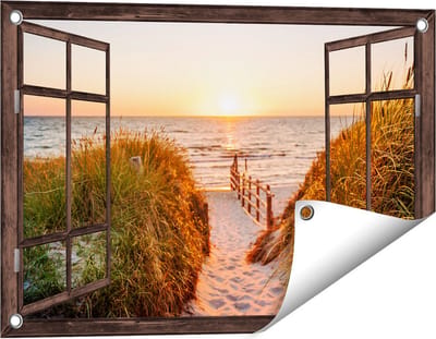Gards Tuinposter Doorkijk Voetpad in de Duinen met Zonsondergang - 60x40 cm - Tuindoek - Tuindecoratie - Wanddecoratie buiten - Tuinschilderij