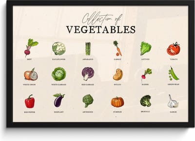Fotolijst inclusief poster - Posterlijst 60x40 cm - Posters - Groente soorten - Kleurrijk - Eten - Vintage - Foto in lijst - Keuken decoratie muur - Wanddecoratie accessoires - Muurdecoratie - Schilderijen