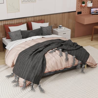 REDOM Gestoffeerd Bed – 90x200 cm – Cartoonvormig hoofdbord – Gasveer opbergruimte – Stof & metaal – Grijs