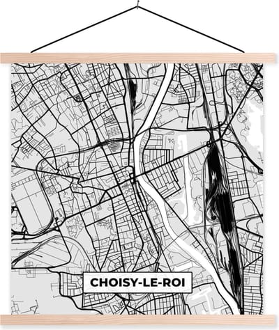 Posterhanger incl. Poster 40x40 cm - Schoolplaat - Plattegrond - Kaart - Stadskaart - Frankrijk - Choisy-le-Roi - Textielposter - Blanke latten - Stadskaart