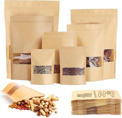 Set van 100 Herbruikbare Kraft Papieren Tassen met Venster, 14 x 9 cm, Ideaal voor Noten, Koffie, Thee en Snoepgoed