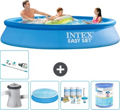 Intex Rond Opblaasbaar Easy Set Zwembad - 305 x 61 cm - Blauw - Inclusief Pomp - Solarzeil - Onderhoudspakket - Filter - Stofzuiger - 6-delig