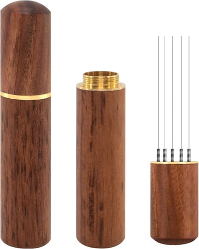 Famanu Espresso Koffie Roerder 5 Naalden 0.4mm Espresso Distributie Gereedschap, Natuurlijke Houten Handvat en Stand
