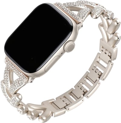 Stravo Luxe Dames Horlogebandje met Strass – RVS Schakelband – Geschikt voor Apple Watch 42mm (Series 11/10), 41mm (Series 9/8/7), 40mm (Series 6/5/4, SE 3/2/1), 38mm (Series 3/2/1) – Metalen Bandje – Starlight