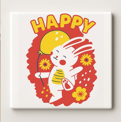 Happy Bunny Keramische Tegel 15x15 cm – Schattig Konijn met Ballon Ontwerp – Vrolijke Wanddecoratie & Perfect Cadeau voor Kinderkamer of Babykamer