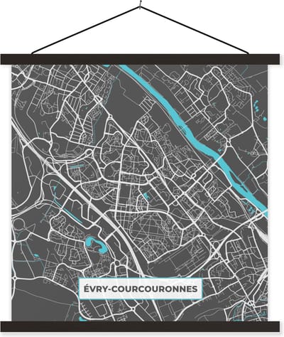 Posterhanger incl. Poster 60x60 cm - Schoolplaat - Évry-Courcouronnes - Frankrijk - Kaart - Stadskaart - Plattegrond - Textielposter - Zwarte latten - Stadskaart