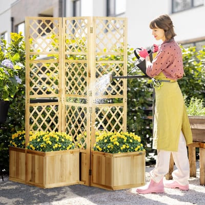 MODFU - Opvouwbaar Tuinscherm Met Trellis En 4 Bloembakken - Voor Tuin Terras En Zwembad - Hout - Natuurlijke Houtkleur - 133 X 62 X 165 Cm