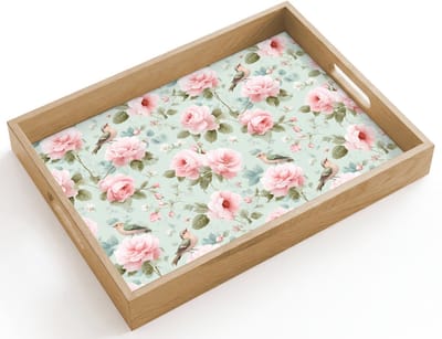 Dienblad hout 40x30 cm - Schootdienblad - Rozen - Vogels - Pastel - Kleurrijk - Borrelplank rechthoek - Plateau dienbladen