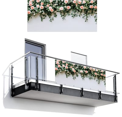 Balkonscherm 200x90 cm - Balkonposter Bloemen - Muur - Rozen - Groen - Balkon scherm decoratie - Balkonschermen - Balkondoek zonnescherm