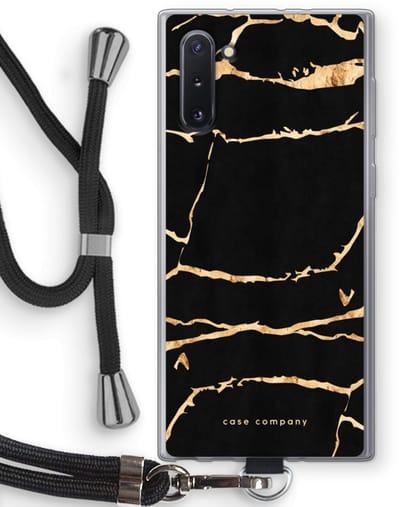 Case Company® - Hoesje met koord geschikt voor Samsung Galaxy Note 10 hoesje met Koord - Gouden marmer - Telefoonhoesje met Zwart Koord - Bescherming aan alle Kanten en Over de Schermrand