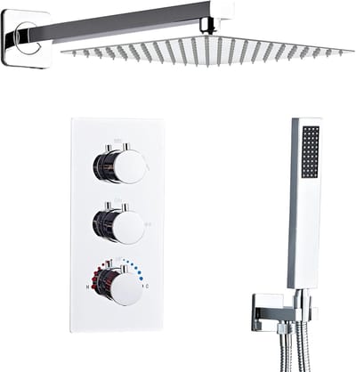 Famanu – Thermostatische inbouwdoucheset van chroom, met 30 x 30 cm hoofddouche en handdouche, eenvoudig te installeren