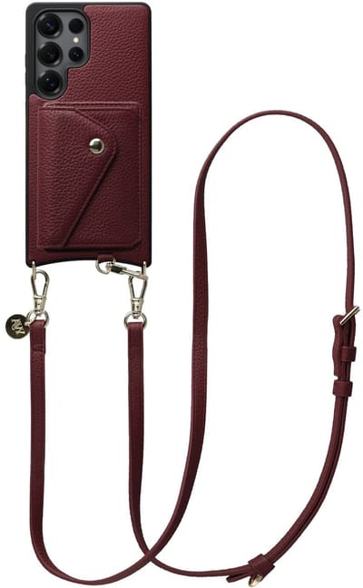 AVY Leren Hoesje geschikt voor Samsung Galaxy S25 Ultra | Met Koord en Magnetische Kaarthouder | Compatibel met MagSafe | Leather Case met 130CM Koord & Wallet | Long Leather | Burgundy