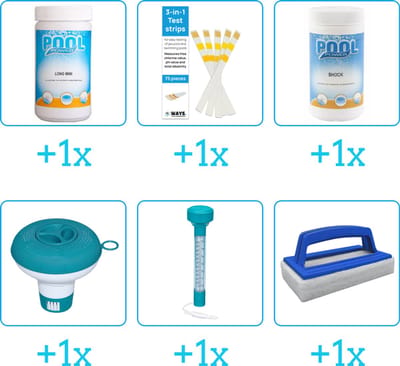 Zwembad Onderhoudspakket - Onderhoud Zwembad - bevat Chloor - Testrips - Chloor - Chloordrijver - Thermometer en Scrubborstel (6-delig)