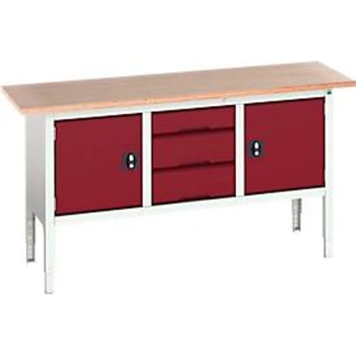 Bott verso box-type werkbank, met multiplex blad, 3 laden & 2 deuren, B 1750 x D 600 x H 830 - 930 mm, RAL 7035 lichtgrijs / RAL 3004 paarsrood