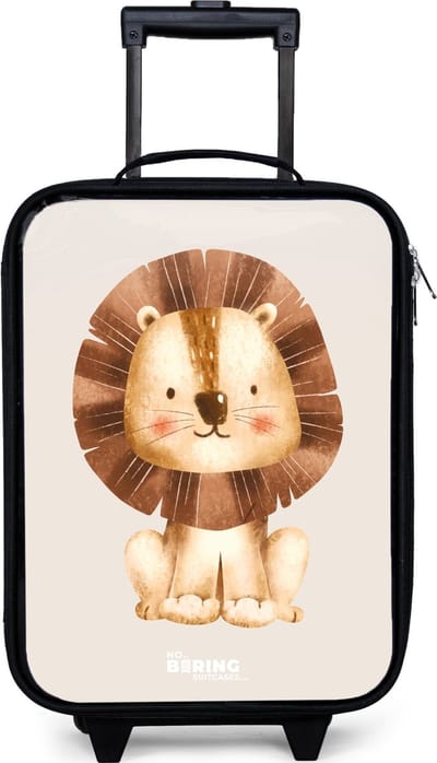 NoBoringSuitcases.com® - Kinderkoffer jongen - Kindertrolley meisje - Leeuw illustratie met beige achtergrond - Koffer kind lichtgewicht - Reiskoffer trolley voor kinderen - Koffertje met lichtgevende wieltjes - Rolkoffer zwart