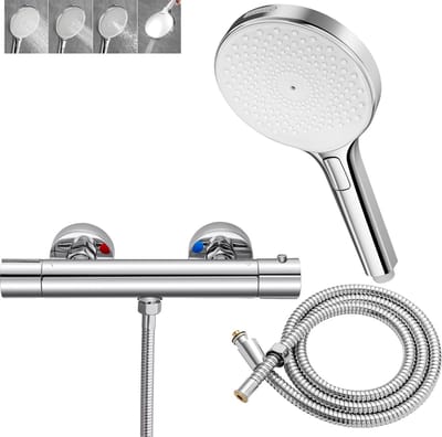 Auralum Max Doucheset - Thermostatische Douchekraan - thermostaatkraan Veiligheidsfuncties - Met 4 Standen Handdouche - Hoge Druk Douchekop - Waterbesparend - Chroom