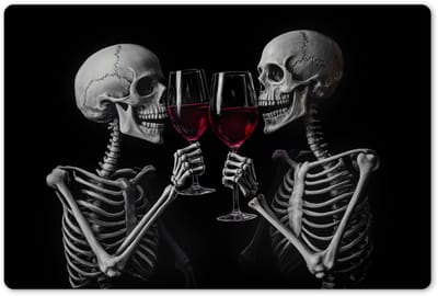 Placemats 45x30 cm - Placemat kunststof - 1 stuk - Skeletten - Wijn - Proost - Schedel - Zwart - Borden onderleggers - Decoratie voor op tafel - Keuken tafeldecoratie accessoires - Vinyl onderlegger - Tafelversiering