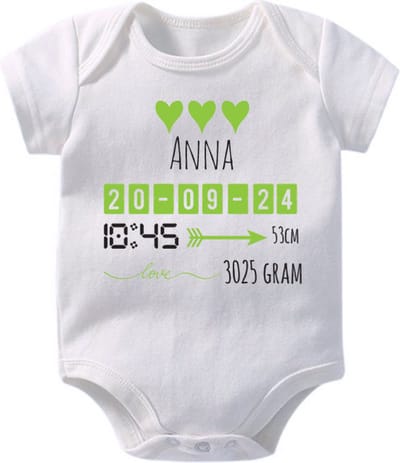 Hospitrix Baby Rompertje met Geboortegegevens Groen Meisjes | Korte Mouw | Cadeau voor Zwangerschap | Bekendmaking | Aankondiging