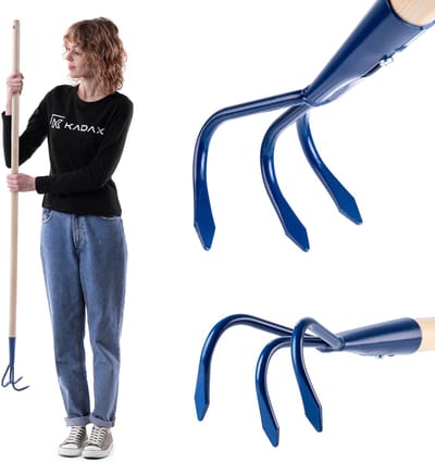 KADAX Handcultivator van metaal, cultivator met lange steel van hout, robuuste cultivator, tuinklauw, tuinhak voor het losmaken van de grond (3 tanden)