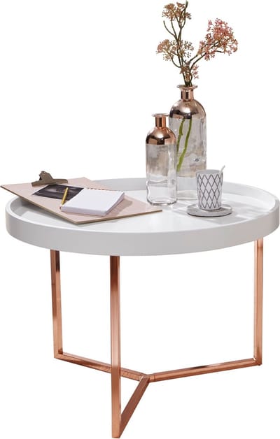 salontafel EVA 58,5x42x58,5cm wit / koperen salontafel metaal rond | Design retro salontafel modern | Kleine loungetafel met metalen frame | Ronde dienbladlijst met houten plaat