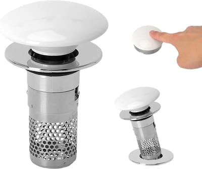 Pop-up afvoerventiel met keramisch deksel en zeef, universele wastafelstop voor badkamer en keuken, 34-40 mm, zilver, 2 stuks