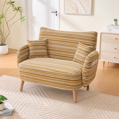 Tweezitsstoel met poten - Gestoffeerde fauteuil - Ontspannen zitten - Zijzakken voor opbergruimte - 121x81x87cm - Mosterdgeel