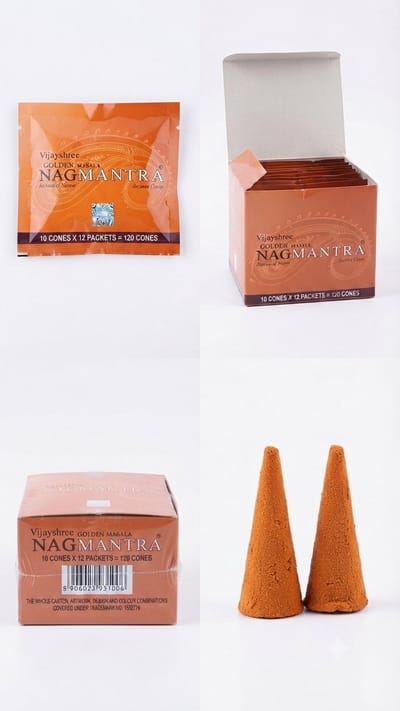 Vijayshree Golden Masala Nagmantra Wierookkegels - 120 Stuks (12 Pakjes x 10 Kegels) - Premium Natuurlijke Wierook Natuurlijke Ingrediënten en Heerlijke Aroma Met Kajal Sticker