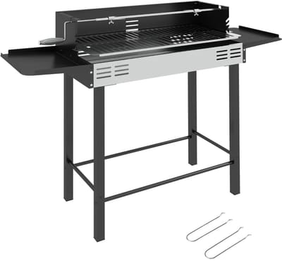 Premie 2-in-1 Houtskool Barbecue - Smoker Barbecue - Houtskoolgrill - met Verstelbaar Grillrooster, 1 Draaispit, Wielen - BBQ voor Kamperen, Buiten, Tuin - 118 x 32 x 90 cm - Zwart + Zilver