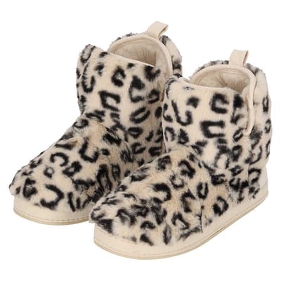 Apollo - Hoge sloffen dames - Fake Fur - Dierenprint - Beige - Maat 39/40 - Sloffen dames - Warme sloffen dames